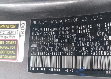 2018 Honda Clarity Plug-In Hybrid Touring из США, поврежденный, VIN JHMZC5F39JC017522